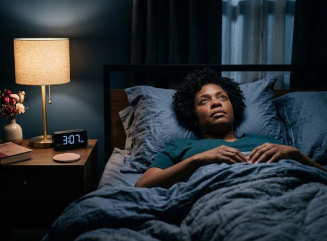 menopause insomnia - black woman unable to sleep at night