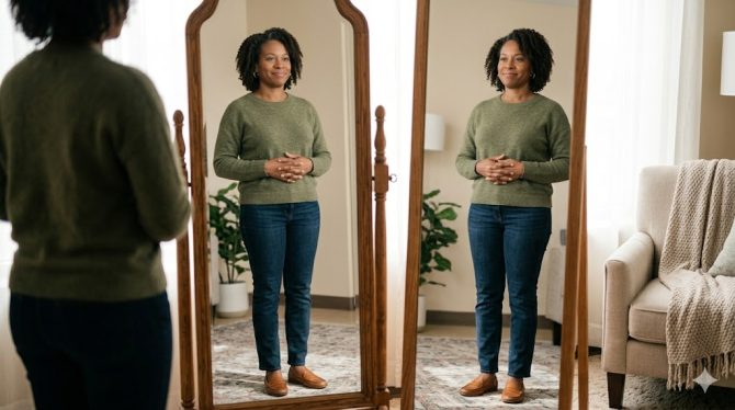 menopause weight gain: woman holding her belly
